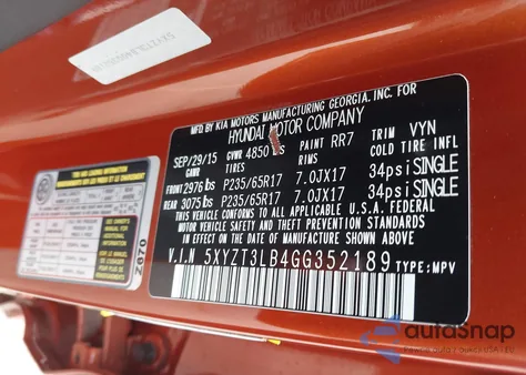 2016 Hyundai Santa Fe Sport 2.4L from USA, damaged, VIN 5XYZT3LB4GG352189